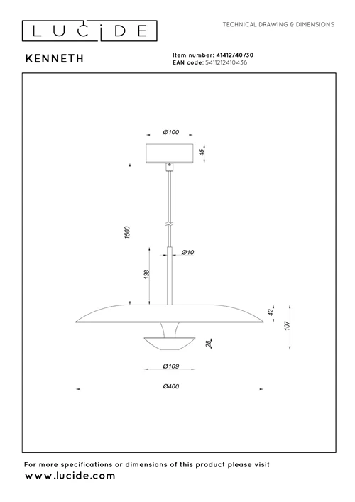 Lucide KENNETH - Suspension - Ø 40 cm - LED Dim. - 1x12W 2700K - Noir | Premium - technique